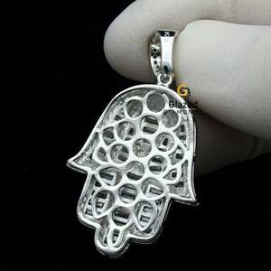 Hip Hop religioso Hamsa mano Baguette y corte redondo laboratorio cultivado Diamante tachonado helado sólido 10K oro blanco encantos colgante para regalo - Product Image 3