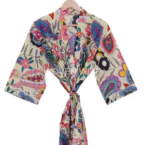 Cotton Handmade Kimono Robe 100% Cotton Women Long Bohemian Hippie Bathrobe Kimono Dress Ethnic Gown Tops Floral Printed
