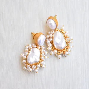 White pearl drop earrings Baroque beautiful bridal earrings Freshwater Pearl cute dangle earring 24k Gold plated jewelry