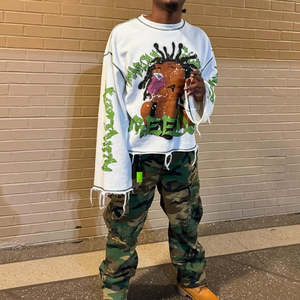 Camiseta Personalizada de Algodón Grueso Tejido para Hombre, con Bordado Estampado, Dobladillo Deshilachado, Lavado en Contraste, Estilo Hip Hop Urbano, Talla Grande - Product Image 5