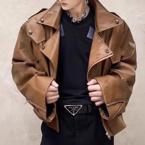 Men's Autumn Streetwear PU Leather Jacket with Machine Casual Lining Trendy Personality Tops Mens Clothing - Product Image 2