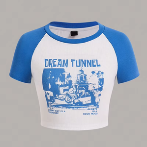 T-shirts à manches raglan sérigraphie personnalisés à la mode pour les filles Streetwear écologique contraste haut court t-shirts teint uni - Product Image 6