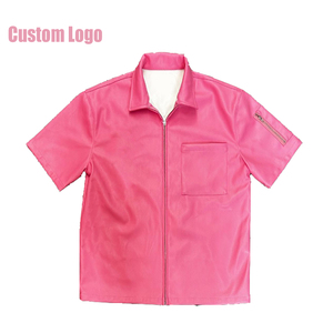 Chemise OEM personnalisée de haute qualité en cuir Pu avec fermeture éclair pour hommes, chemise brodée personnalisée à manches courtes avec poche poitrine en faux cuir - Product Image 5