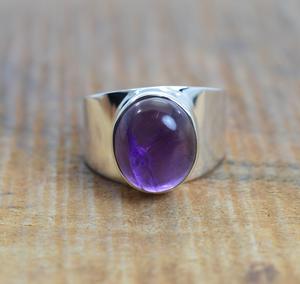Bague en argent sterling 925 véritable améthyste Boho Hippie pour femme Grande pierre ovale pour mariage - Product Image 1