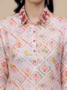 Geometric Printed Shirt Collar Regular Kurta with <b>Trousers</b> Indian Handmade Polyester Plazo Kurti Set Women Fashion Clothing - Product Image 3