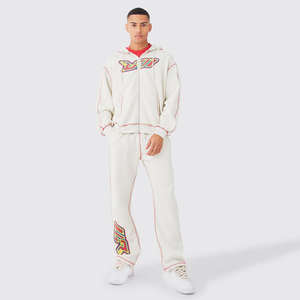 Ensemble sweat-shirt et pantalon de survêtement pour homme, 100% coton, surdimensionné, avec coutures contrastées, épaules tombantes, fermeture éclair, short personnalisé, logo, respirant pour l'hiver - Product Image 1