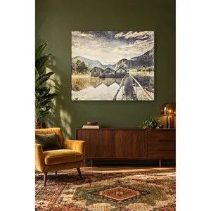 Impresión en lienzo de la embarcada y las cabañas de madera Fida en un lago de montaña - Product Image 2