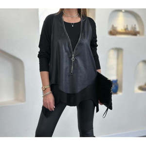Ensemble deux pièces pour femme, comprenant un chemisier en viscose à manches longues et coupe asymétrique, et une veste aspect cuir déchiré, 27503 - Noir - Product Image 2