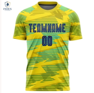 INDEX APPAREL Men's Sublimated Soccer Jersey Crew Neck Short Sleeve Yellow Green Geometric Pattern Moisture Wicking <b>Athletic</b> Fit - Product Image 1