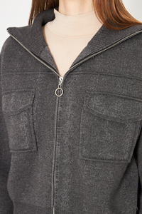 Manteau court décontracté pour femmes tricot à glissière en acier tricot manteau quotidien confortable avec col à capuche haut élégant confort assaisonné - Product Image 4