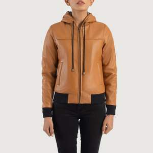 Chaqueta bomber de cuero con capucha marrón de alta calidad personalizada con cuello levantado, posición de logotipo frontal de fabricación OEM profesional de invierno - Product Image 1