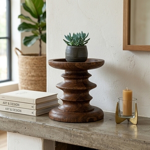 Portavelas de Madera Oscura Natural, Soporte Decorativo Redondo para Velas de Pilar, Decoración para Mesa, Diseño Artístico Puro - Product Image 5