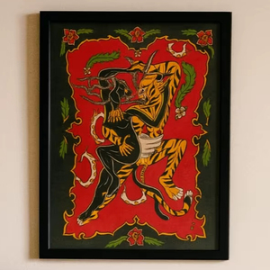 Alfombra de lana anudada a mano-Diseño de lucha de Tigre y Pantera | Alfombra llamativa de lujo | Alfombras de pelo de corte persa de alta calidad - Product Image 1