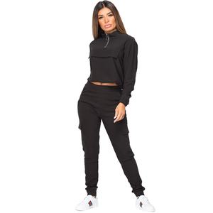 Vente en gros, sweat à capuche zippé noir pour femme, haut court, survêtement, jogging, ensemble deux pièces pour femme, ensemble d'entraînement - Product Image 1