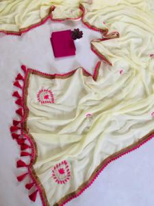 ผ้าจอร์เจียเนื้อนุ่มแบบอินเดียดั้งเดิมพร้อมด้วยงานฝีมือและงาน dhaga Buti งานส่าหรีเจ้าสาวสไตล์พื้นเมืองงานแต่งงานดูทันสมัย - Product Image 4