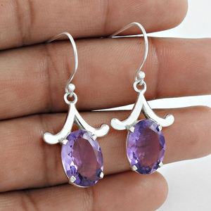 Pendientes de gota colgantes de plata de ley 925 hechos a mano de lujo de diseño minimalista, pendientes de piedras preciosas de piedra natal de febrero, regalo para ella - Product Image 1