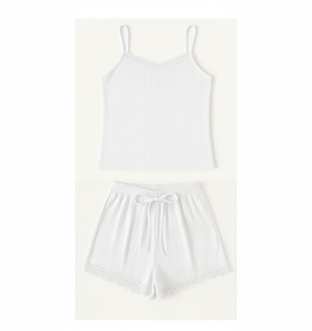 Conjunto de Camisola y Pantalones Cortos Ajustados de Punto Acanalado con Ribete de Encaje para Mujer, Ropa de Dormir Moderna para Fábrica OEM - Proveedor Destacado - Product Image 3
