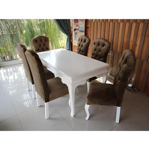 Ensemble de salle à manger moderne capitonné 7 pièces, table rectangulaire et chaises rembourrées, mobilier de banquet marron et blanc - Product Image 6