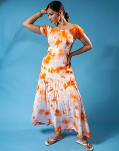 เดรสผ้าเรยอนมัดย้อมสำหรับผู้หญิงเดรสเอวสูงคอกลมยาวครึ่งแขนสำหรับใส่ไปทะเลฤดูร้อน - Product Image 1