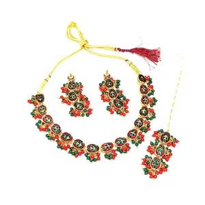 Conjunto de Collar con Corte Esmeralda Rojo y Verde, Estilo Kundan Meenakari, Chapado en Oro, Material de Cobre, para Bodas, Joyería Fina para Novias - Product Image 4