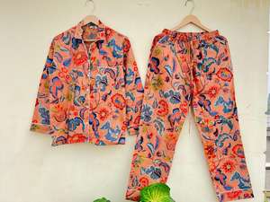 Traje de noche de algodón 100% hecho a mano indio, elegante estampado Floral, ropa de dormir informal exclusiva para ella, ODM de lujo para Otoño Invierno - Product Image 6