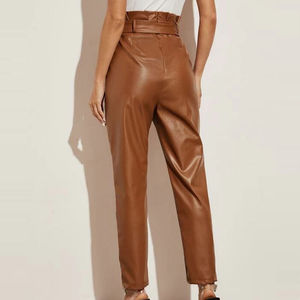 Pantalon en cuir pour femme personnalisé, hiver, automne, élégant, marron, ceinture, taille haute, design de qualité supérieure, mode moderne, pantalon en cuir pour femme - Product Image 4