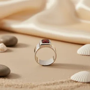 Red Gemstone Signet <b>Ring</b> for <b>Men</b> 925 <b>Silver</b> 14k Gold & Rhodium Plated Zircon Set in Bezel Jewelry Type - Product Image 1