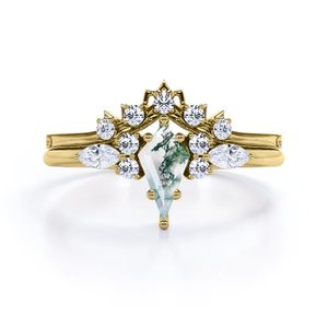 แหวนแต่งงานรูปทรงว่าวประดับมอสอาเกต เงินแท้ 925 ประดับพลอยแกะสลักลายแหลม สไตล์คลาสสิก ชุบทอง 14K แบบหนามเตย - Product Image 4