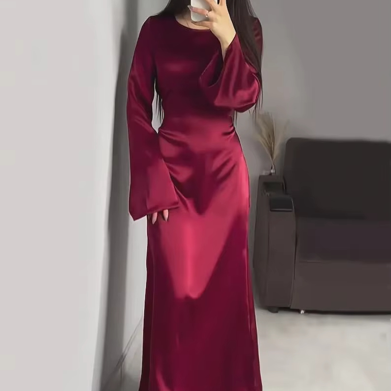 Buy Long Sleeve Burgundy Dress Pictures Pearl Embellished Design |  Alibaba.com