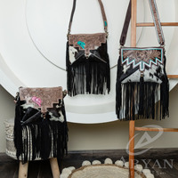 Sac à bandoulière en cuir véritable rose avec franges, motif floral western, style chapeau de cowboy, pour femme