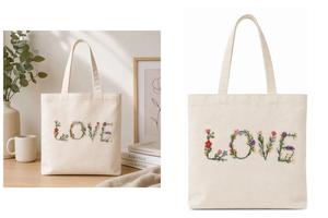 Bolsa de Mano de Algodón Bordada a Mano con Diseño Floral LOVE, 14x16 Pulgadas, Logotipo Personalizado, Bolsa de Compras de Lona, Color Blanco Natural, Asa Resistente - Product Image 6
