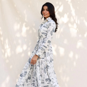 Summer Wear <b>Womens</b> Floor-Length 100% Cotton Long Sleeve A-Line Casual Printed Natural Waist <b>Vintage</b> <b>Dress</b> - Product Image 1