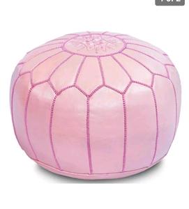 Handmade Pink Round <b>Leather</b> Pouf Cushion <b>Cover</b> Bohemian Style Embroidered Stitched Design Home Decor - Product Image 2