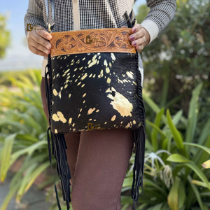 Sac à main en cuir sculpté à la main avec franges, élégant, nouvelle arrivée, sacs en cuir métallique à fourrure pour femmes, bandoulière multi-usages - Product Image 1