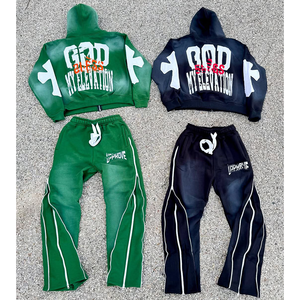 Conjunto Deportivo Unisex Personalizado de Invierno, Estilo Urbano, Color Sólido, con Logotipo Bordado, Efecto Desgastado por el Sol, Sudadera con Capucha y Parches, Pantalones con Cremallera Doble - Product Image 2