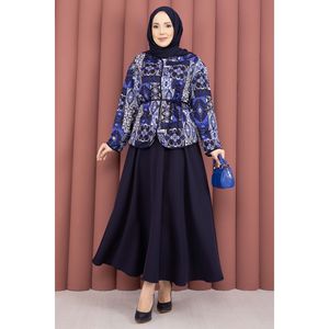 Conjunto de Chaqueta y Falda con Estampado Étnico Azul Marino para Mujer, Diseño Floral Sólido, Estilo Oficina, Crepé, Ropa Deportiva, Blazer Corto de Verano, Talla XL - Product Image 1