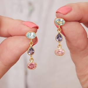 Antique 925 Sterling <b>Silver</b> Handmade Gold Plated Cute Wedding Earrings Bezel Setting Natural Multi-Colored Tourmaline Gift - Product Image 6