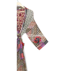 Chaqueta larga de seda India hecha a mano, Túnica, cubierta de Bikini, ropa de dormir, diseño elegante de retazos, cuello en V, cordón frontal - Product Image 5