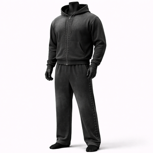 Ensemble de survêtement pour homme en molleton épais noir délavé, style vintage, avec sweat à capuche zippé et pantalon de jogging ample, personnalisable OEM - Product Image 3