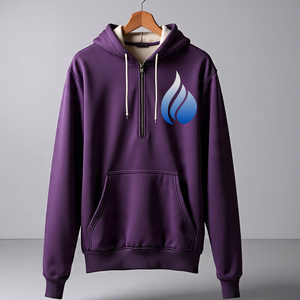 Sudadera con Capucha Morada para Hombre, Cierre de Cremallera de un Cuarto, Color Sólido, Logotipo Estampado en la Parte Delantera, Estilo Casual, Corte Regular, para Otoño - Product Image 1