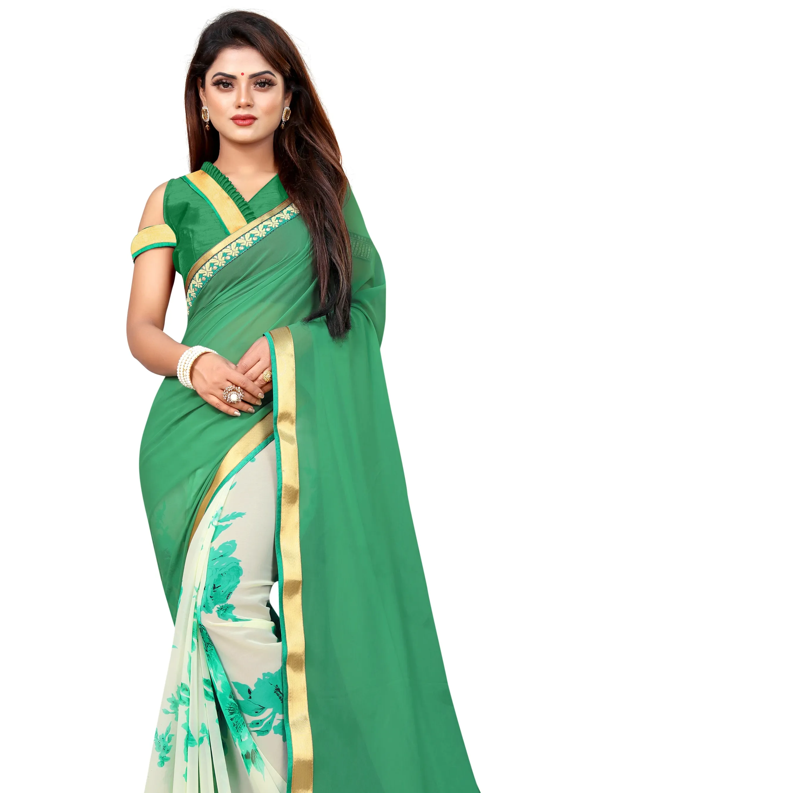 Pakaian festival atraktif India kain bordir georgette saree dengan blus warna hijau pakaian wanita harga grosir