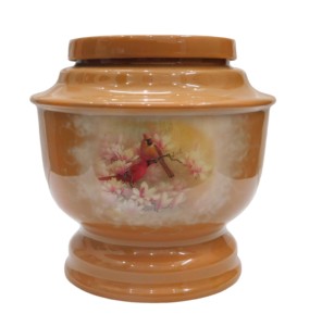 Urnes de crémation adultes en aluminium avec autocollant de conception d'oiseau de bourdonnement et de fleur de couleur brune finie pour des cendres. - Product Image 1