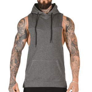 100% algodón y Spandex Muscle Pullover Sudadera con capucha con estampado bordado Top sin mangas de invierno - Product Image 5