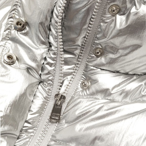 Unisex <b>Silver</b> Shiny Coated Hooded Puffer <b>Jacket</b> Winter Warm Lightweight Waterproof Front Logo and Polyester/Nylon Filling - Product Image 4