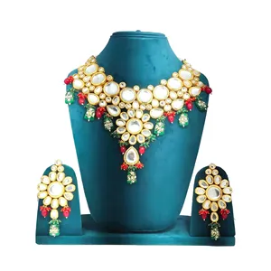 Handmade Meenakari Kundan Green <b>Studded</b> Beaded Necklace Set for Weddings - Product Image 2