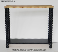 Table console en bois avec pieds en bobine et étagère inférieure ondulée, plateau en bois naturel, cadre noir, table d'appoint pour entrée, salon, mobilier de maison