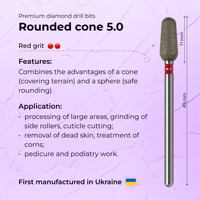 Fraise à ongles professionnelle en diamant, forme conique arrondie, 5,0 mm, grain rouge