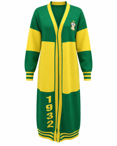 Cardigan en maille pour femme, vert et jaune, à blocs de couleur, col en V, manches longues, logo brodé, coupe ample, longueur genou, vente en gros - Product Image 3