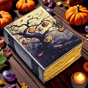 สมุดปกหนังพิมพ์ลายต้นไม้ฟักทองฮาโลวีนงานแฮนด์เมดลายวินเทจ400หน้าโก่งปกแข็งไดอารี่ของขวัญ - Product Image 4