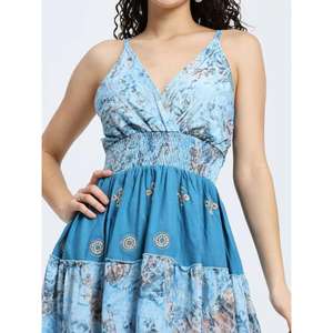 Vestido de Verano sin Mangas con Estampado Azul para Mujer, Cuello en V, Corte Ajustado y Evase, Largo hasta la Rodilla, Informal, Ligero, de Algodón, a la Moda - Product Image 3